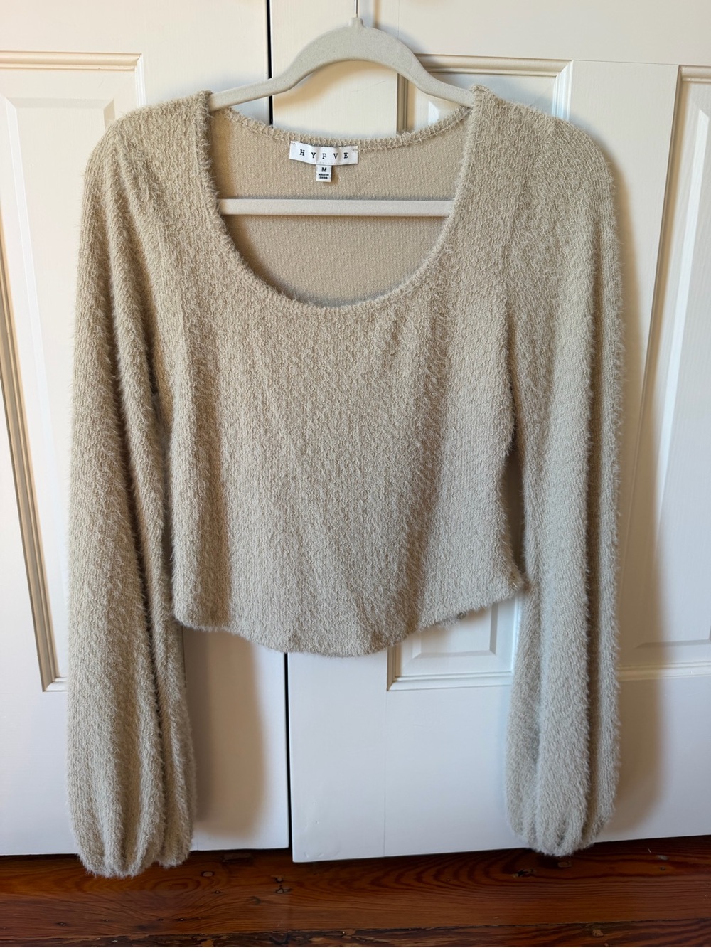 HYFVE Beige Fuzzy Scoop Neck Cropped Sweater